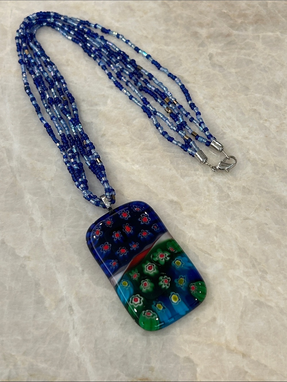 Vintage Murano Millefiori Glass Pendant Necklace 3 Strand Blue Seed Bead Boho